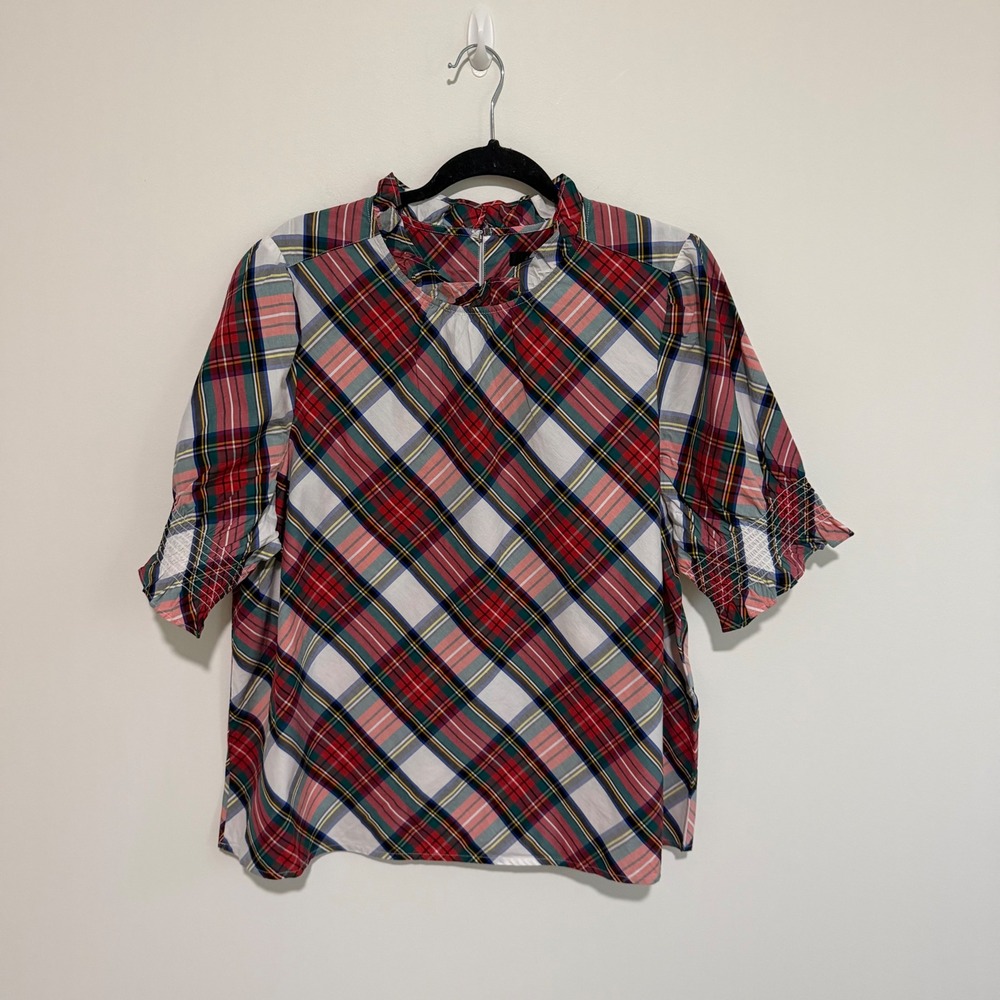 J.Crew Tartan Plaid Ruffle Neck Short Sleeve Blouse XXL Red Green White BE001